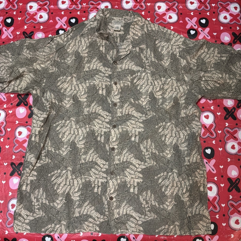 LL Bean Shirt Mens XL Green Palm Hawaiian Loop Collar Resortcore Button‎ Down